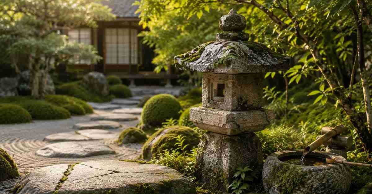 Mohával benőtt japán kert kőlámpással és természetes kőösvénnyel