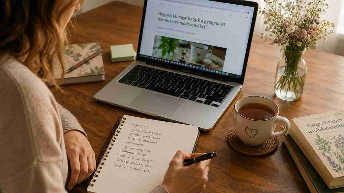 Nő jegyzetel egy laptop mellett, miközben a gyógyulással kapcsolatos információkat olvas.