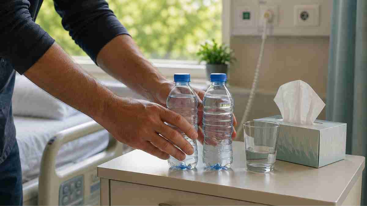 Férfi friss ivóvizet készít be egy kórházi szekrényre a beteg számára.
