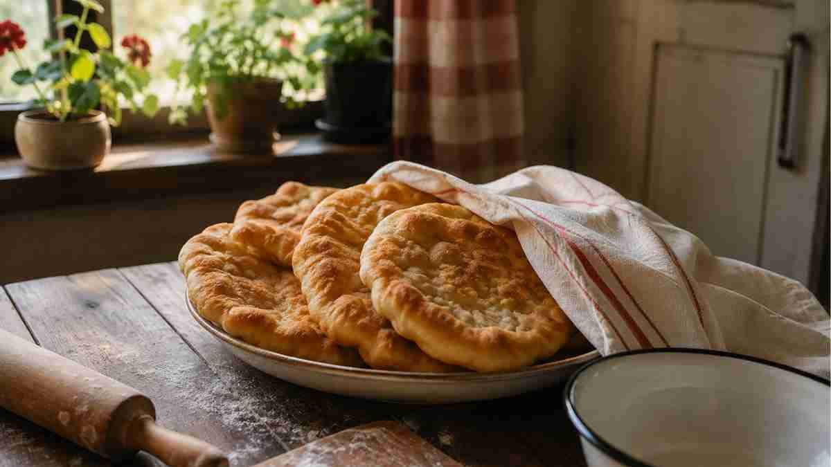 Frissen sült házi lángos egy rusztikus konyhaasztalon, a gondoskodás jelképeként.