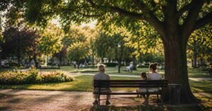 Közös pihenés egy árnyékos parkban a nyári hőségben.