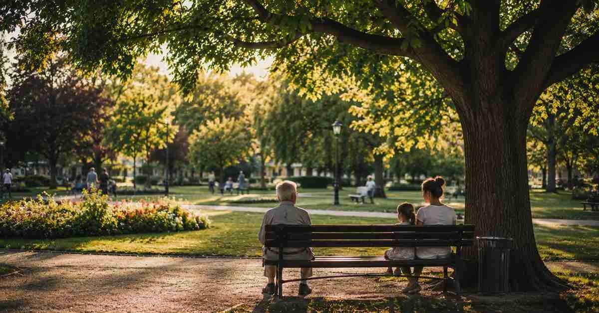 Közös pihenés egy árnyékos parkban a nyári hőségben.