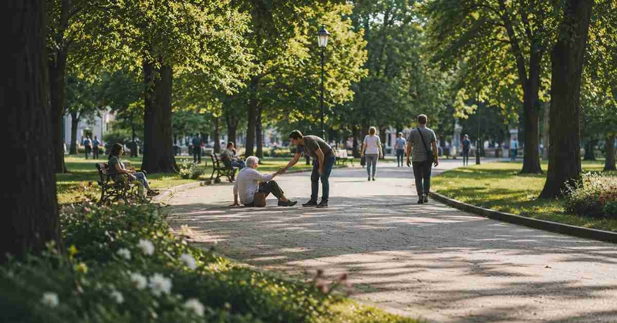 Fiatal férfi segít felsegíteni egy elesett idős hölgyet egy park sétányán.