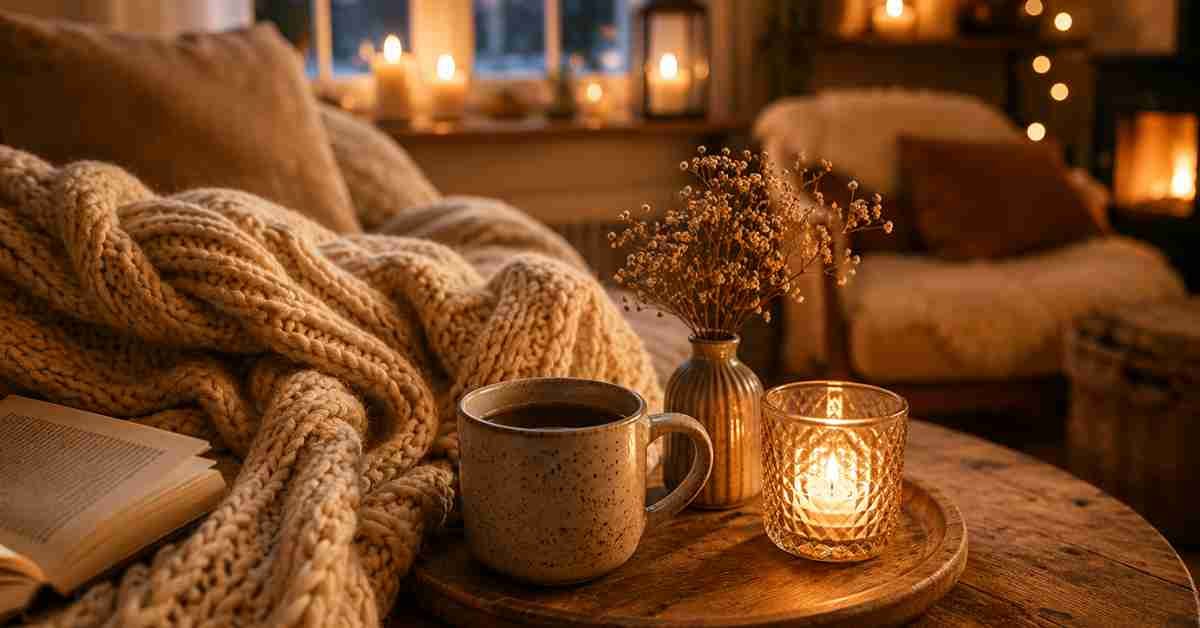 Meghitt hygge hangulat gyertyafénnyel, puha takaróval, könyvvel és meleg itallal egy nyugodt esti pihenéshez.