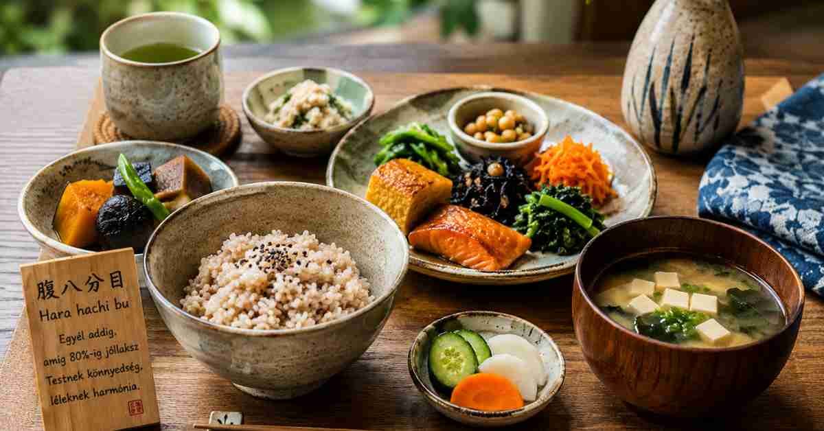 Kiegyensúlyozott japán étkezés kisebb adagokkal, rizzsel, hallal, zöldségekkel és levessel a hara hachi bu szemléletében.