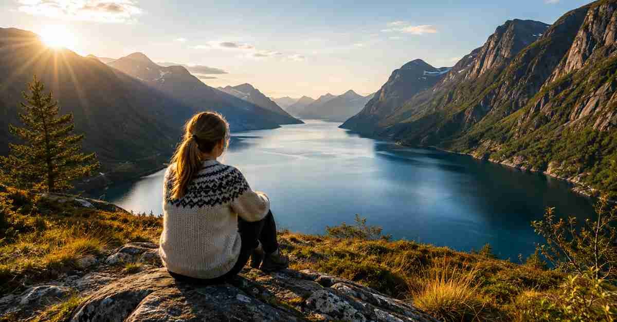 Norvég fjordot néző nő a természetben naplementekor, a friluftsliv és a csendes feltöltődés hangulatában.