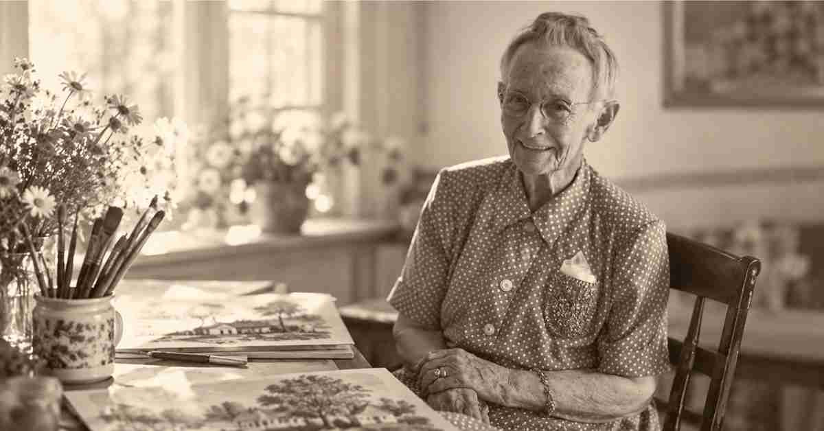 Anna Mary Robertson „Grandma” Moses időskorában, festményei és ecsetei mellett.